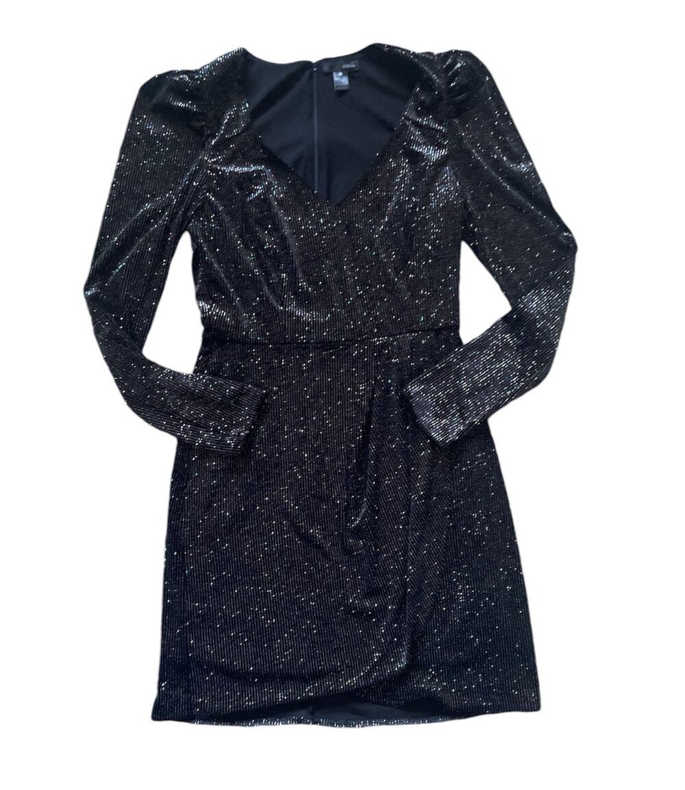 Womens Velvet Glittery V neck Puff Sleeve Mini Dress Aqua Size small Cocktail